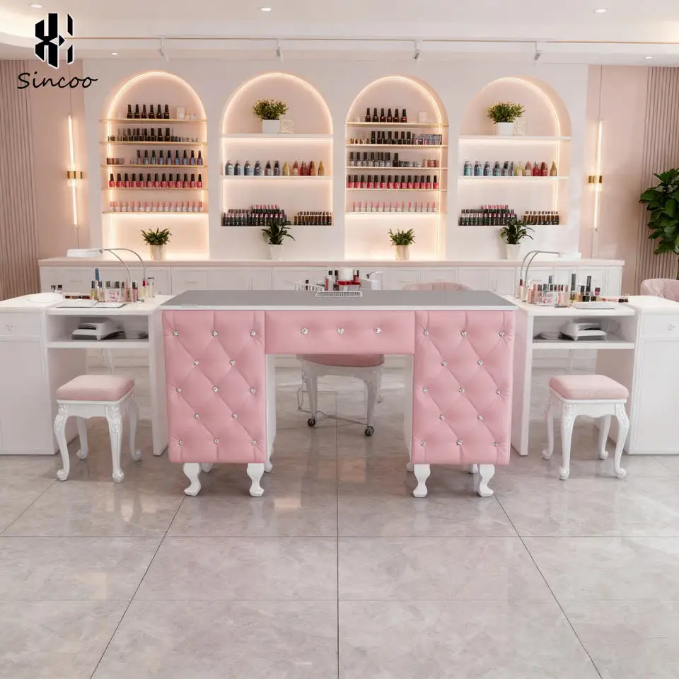 White Wood Top Double Nail Salon Desk Manicure Lap Reception With Dust Collector Fan For Nail Shop