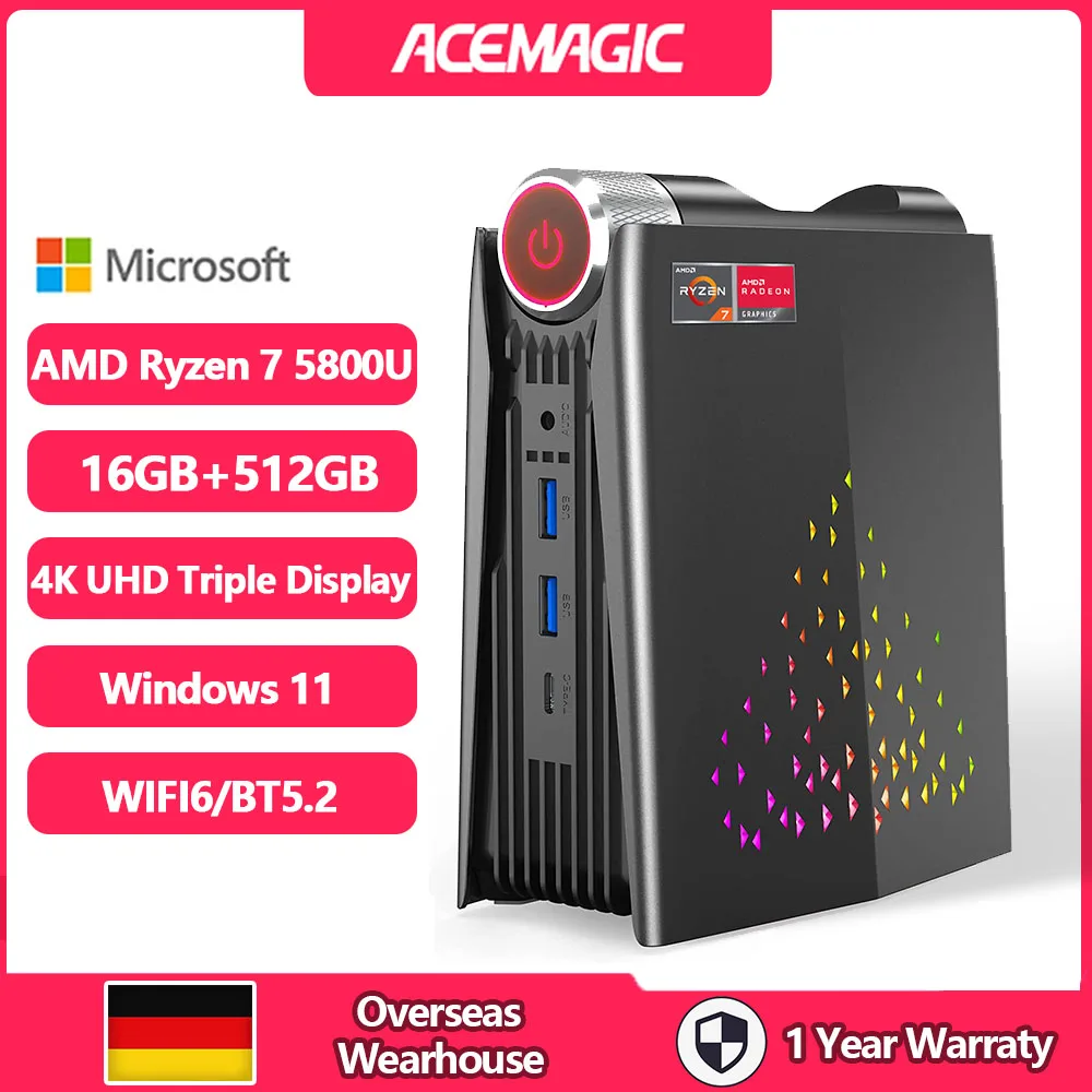 ACEMAGIC AMR5 Mini PC Gaming AMD Ryzen 7 5800U RAM 16/32GB DDR4 GB/1TB SSD Gamer Gamer RGB Light Control WiFi6 BT5.2