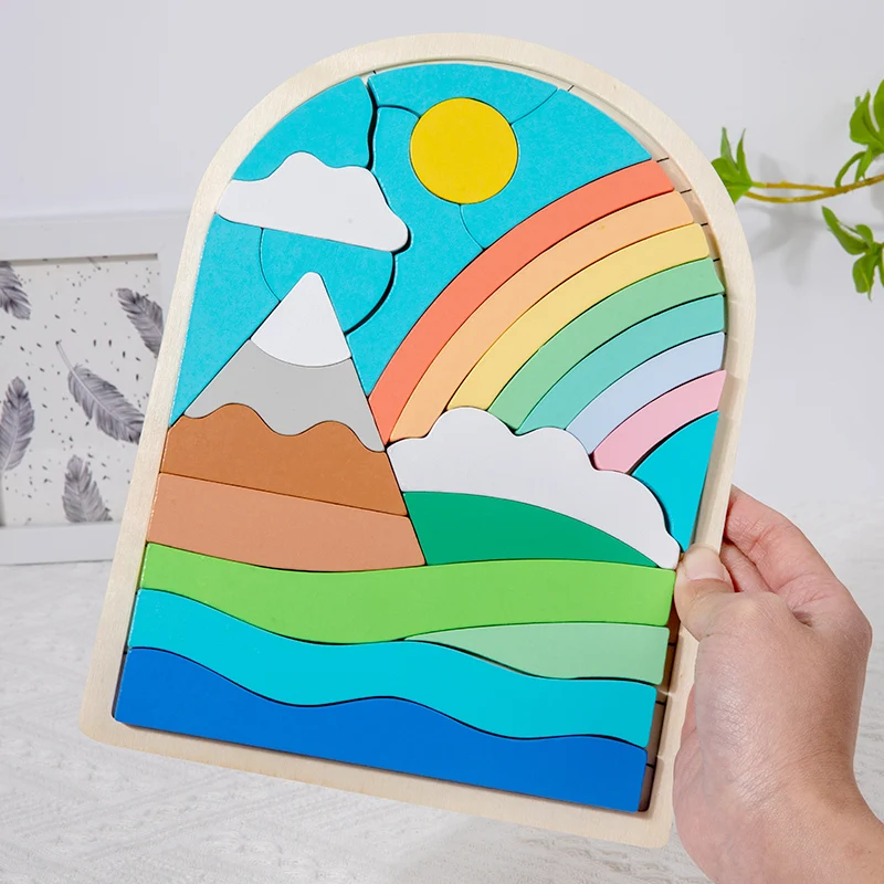 Wooden Rainbow Blocks Puzzle Rainbow Irregular Puzzles Shape And Color Cognitive Toys Early Educational Puzzle Toys