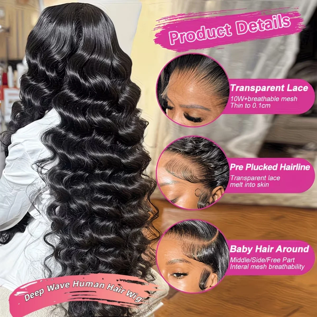Peruca de Cabelo Humano Ondulado Profundo 13x6 HD Lace, Peruca de Cabelo Humano Cacheado Birmanês Pré-Pluckada, Perucas Frontais de Cabelo Humano para Mulheres, Perucas Frontais de Renda 13x6 Onduladas Profundas, 200% de Densidade, Perucas Frontais HD Transparentes 13x4 Pré-Pluckadas com Baby Hair, Preto Natural