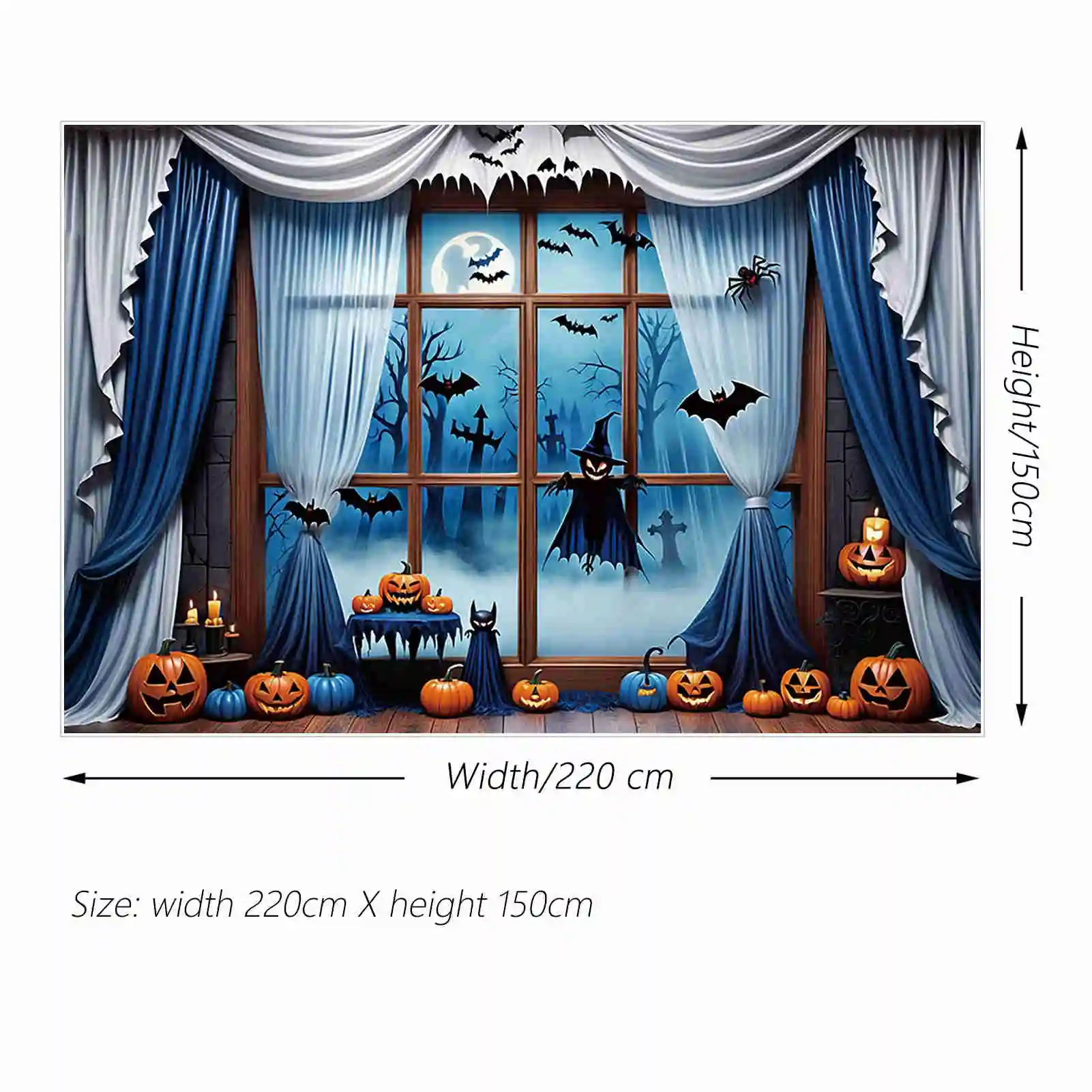 Moon.qg-ハロウィーンの屋内背景、城の窓、青い山の背景、カスタムパーティーの装飾、フォトゾーンアクセサリー