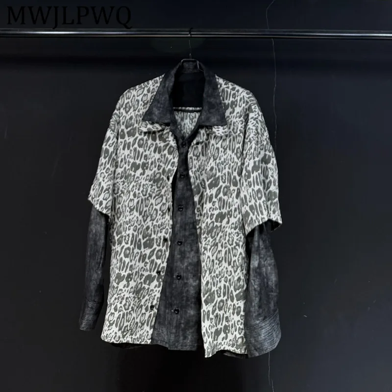 

MWJLPWQ Leopard Printed Long-Sleeve Shirt For Men Turn-Down Collar Loose Fit Vacation Style Versatile Faux Two Piece Tops 15932