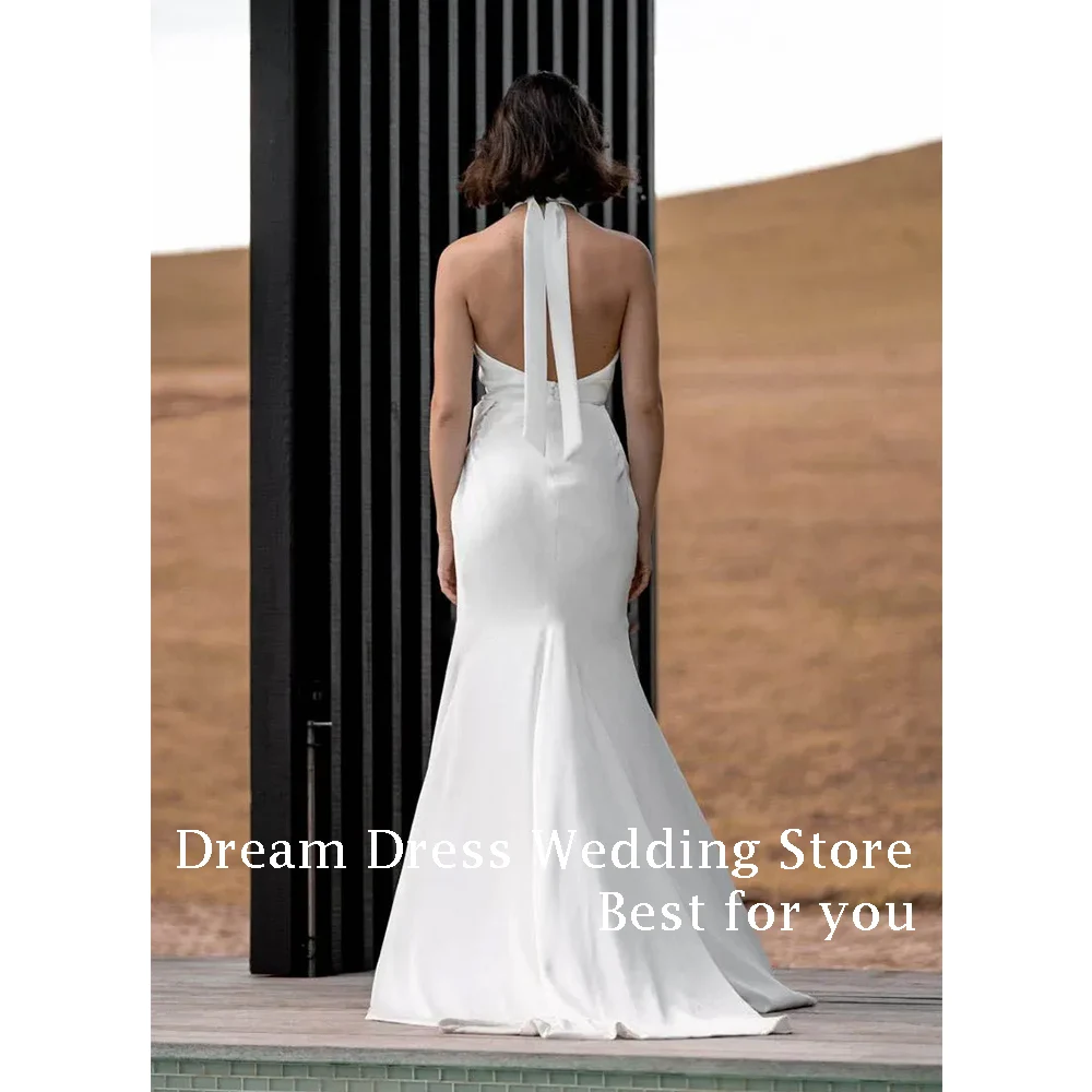 Vestidos de novia de sirena simples personalizados para mujer, vestido de novia de cola de barrido hasta el suelo con espalda descubierta y cuello alto, vestido elegante 2025