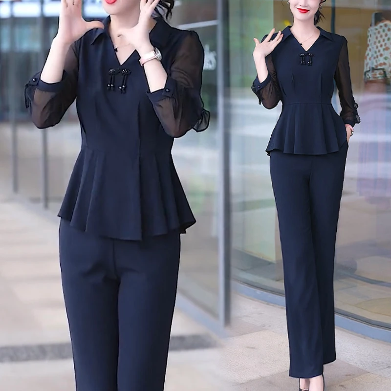 Women Oversize Elegant Fashion Patchwork Pants Sets 2024 New Spring Clothes V-Neck High Quality Female 2pcs Outfits Suits