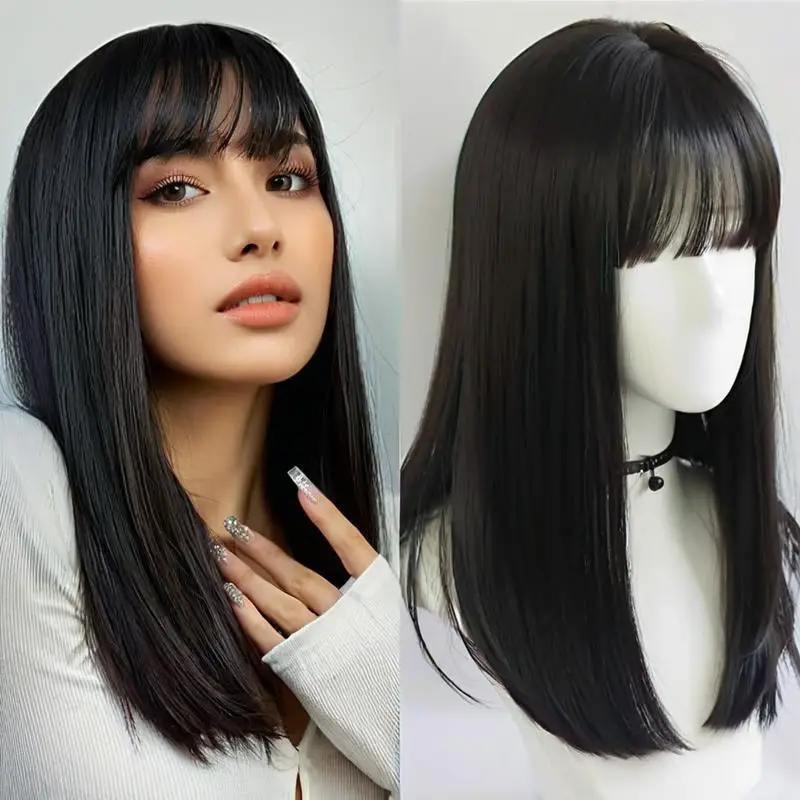 Modische 26-Zoll-Synthetikperücke – Schwarzes, langes, glattes Haar – Halloween-Cosplay-Perücke – Alltagsperücke – Hitzebeständiges Haaraccessoire – Detail 9