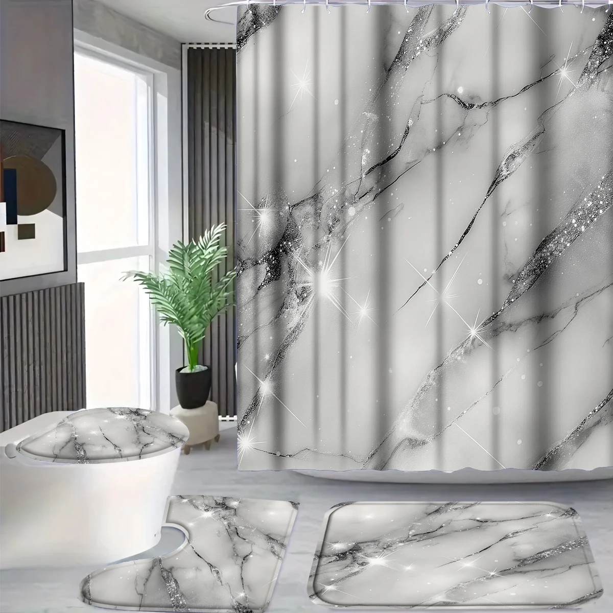 

4Pcs Sparkle Grey Marble Shower Curtain Set with Hooks, Modern Shiny Glitter Print Waterproof Mildew Resistant Fabric Bath Mat for Family Bathroom Home Decor