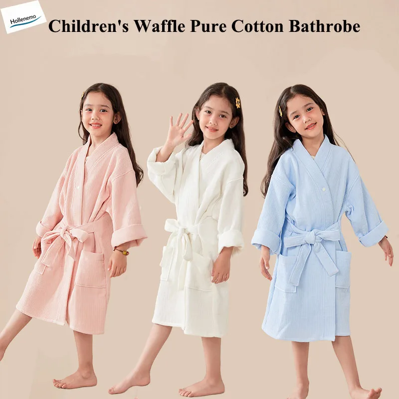 Albornoz tipo waffle para niños, 100% algodón de rizo, con cinturón, bolsillos, cuello en V, puños abatibles, ropa de dormir suave y absorbente para niñas, ropa de baño para el hogar