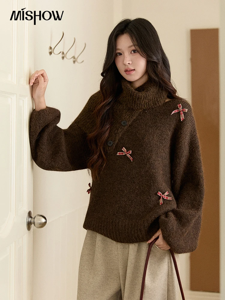

MISHOW Women's French Retro Plaid Bow Sweater 2025 Winter Detachable Shawl Collar Thick Lantern Sleeve Knitted Tops MXE93Z2946