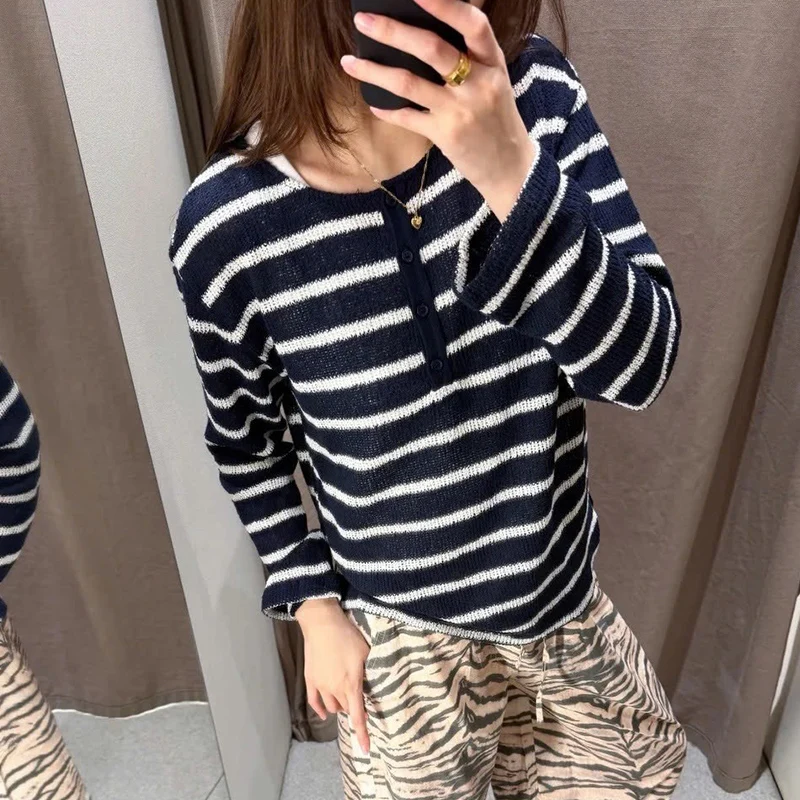 Women's Navy White Striped Knit Top, 4-Button Placket Round Neck Long Sleeve Sweater, Casual Rolled Hem Crew Neck Blouse