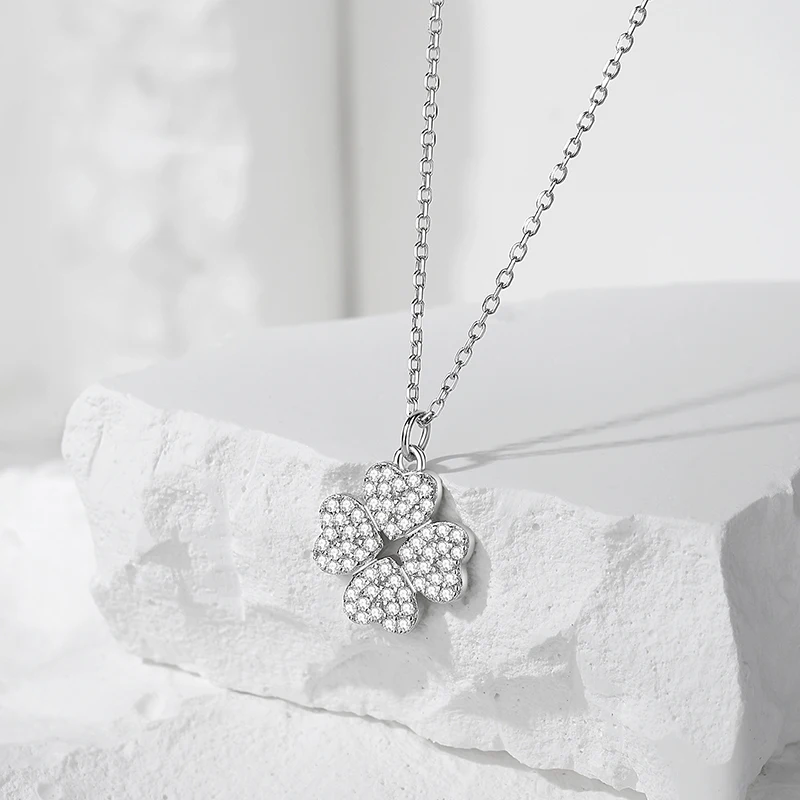 S925 Sterling Silver Full Diamond Heart Clover Necklace For Women Comfortable 45cm Chain Zircon Sweet Pendant Fine Jewelry Gift