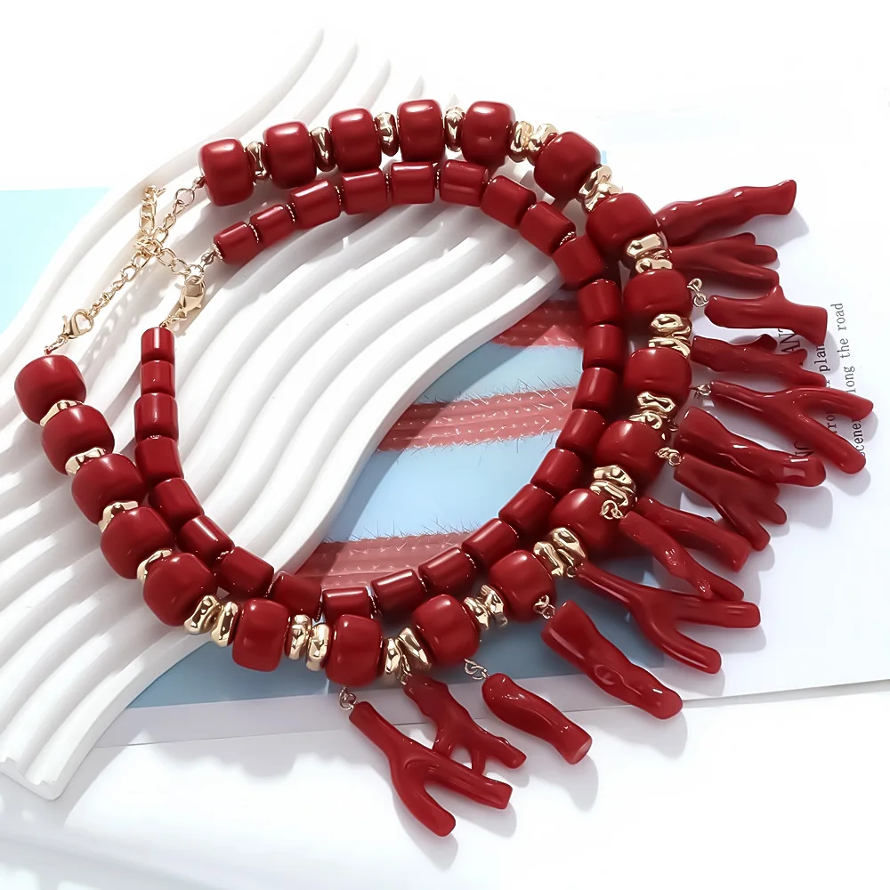 

2025 New ZAA Handmade Resin Beaded Choker Red Coral Pendant Necklaces for Women Holiday Party Jewelry Gifts