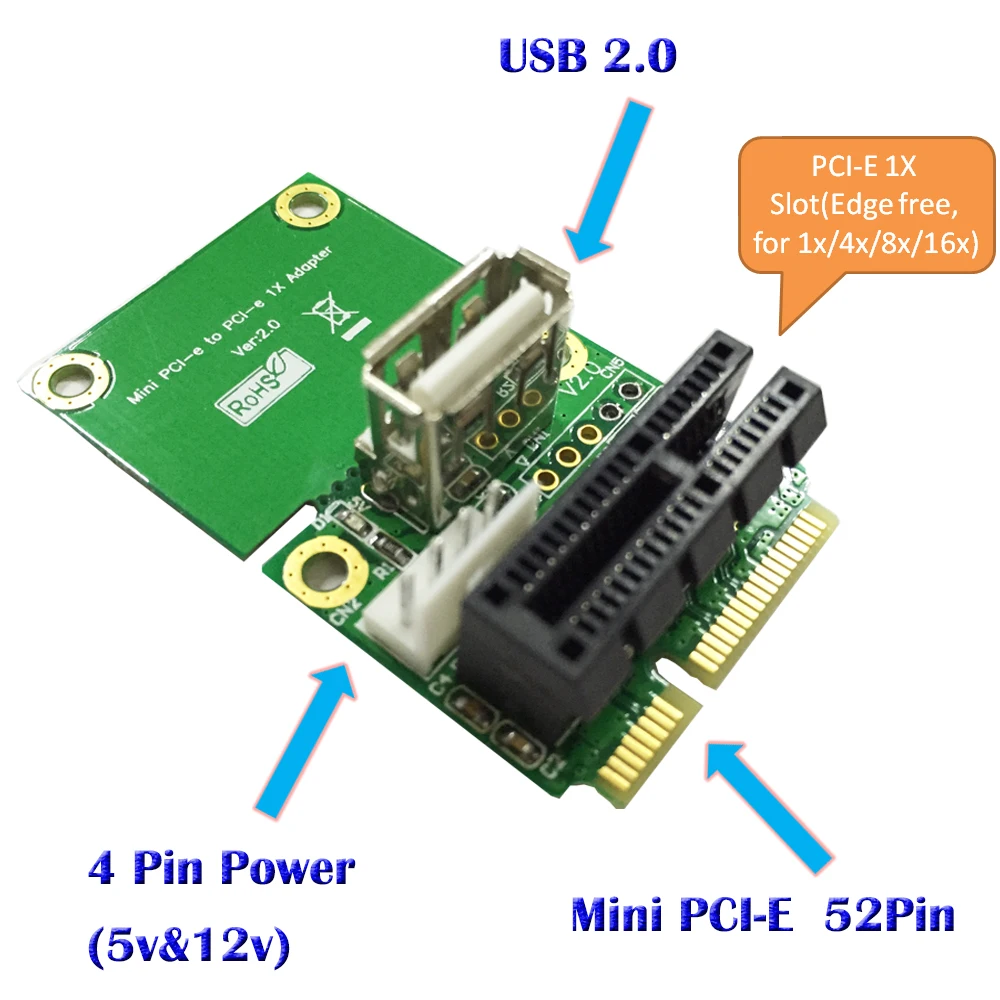 Adaptateur USB Mini carte PCI-E 1X à Half/Full, carte d'interface PCI Express avec 4 broches vers câble d'alimentation SATA