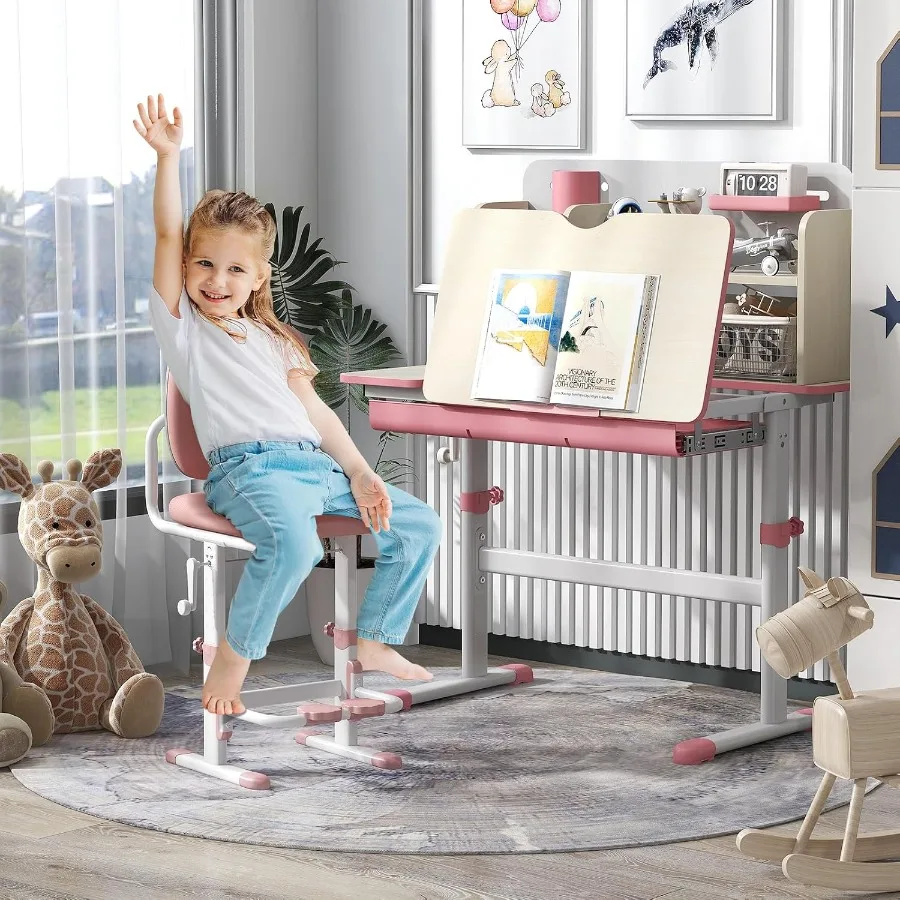 مكتب دراسة مدرسي مع طاولة قابلة للتعديل بارتفاع سطح المكتب قابلة للإمالة مكونة من 7 مستويات تتميز برف كتب مدمج ودرج قابل للسحب