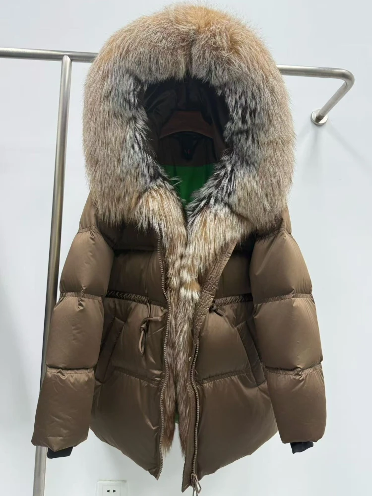 

Reality Fur Jacket Women Loose Hooded white Goose Down Coat Female New Autumn Fox Fur Winter Thick Warm Natural Puffer Jacket
