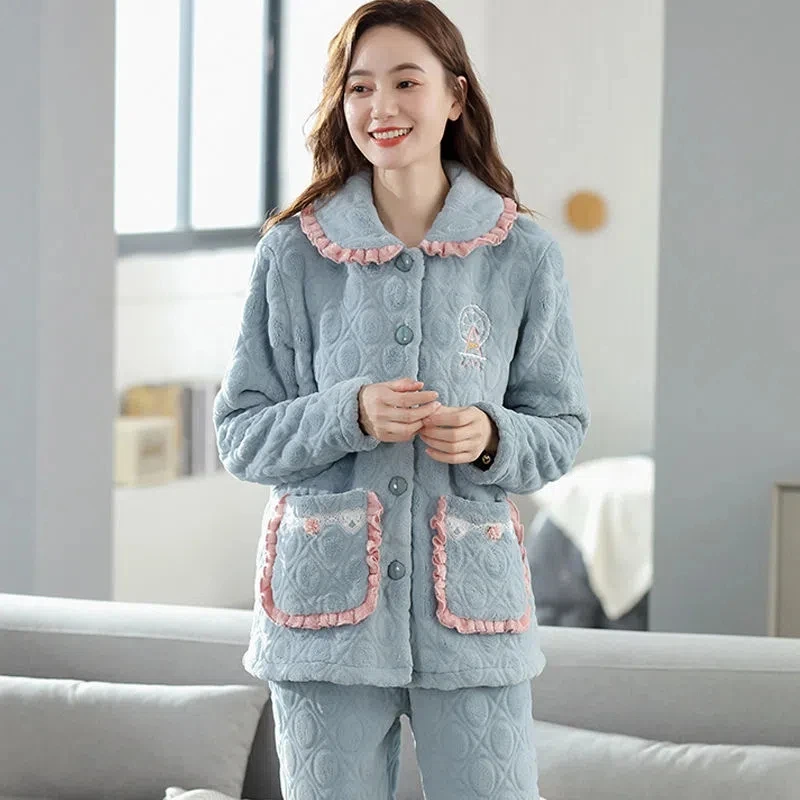 Two-piece coral Fleece Pajamas Women\'s 2022 Autumn Winter Loose Flannel Cardigan Homewear Warm Thicken Female Casual Pajamas Set