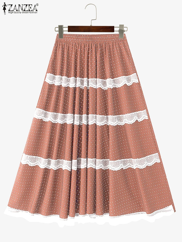 

2025 ZANZEA Women Summer Vintage Maxi Skirts Polka Dot Bohemian Long Skirts Lace Patchwoek High Waist Fashion Casual Bottoms
