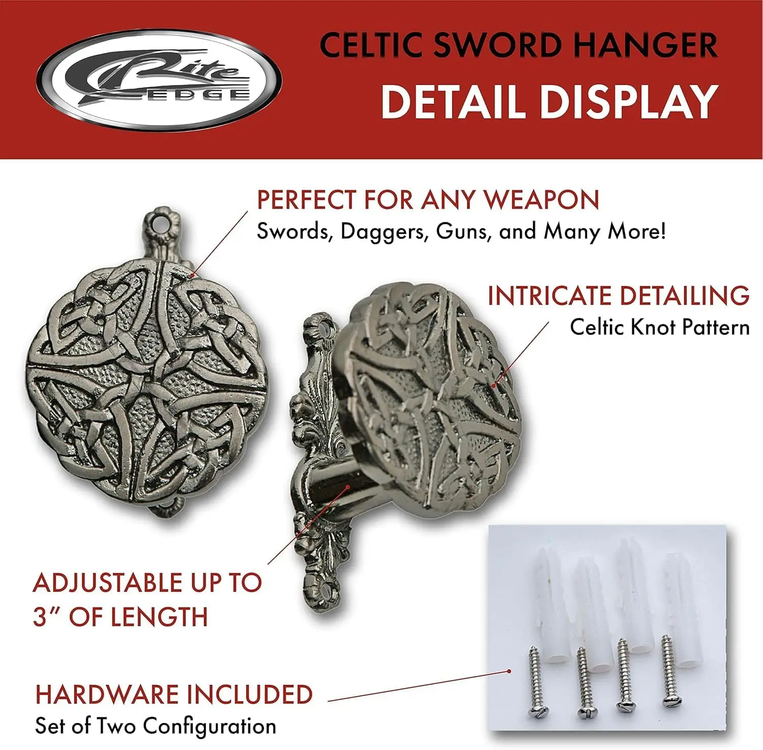 3" Adjustable Cast Metal Wall Mount for Swords, Daggers, Pistols, Canes – Expandable Display Hook Set