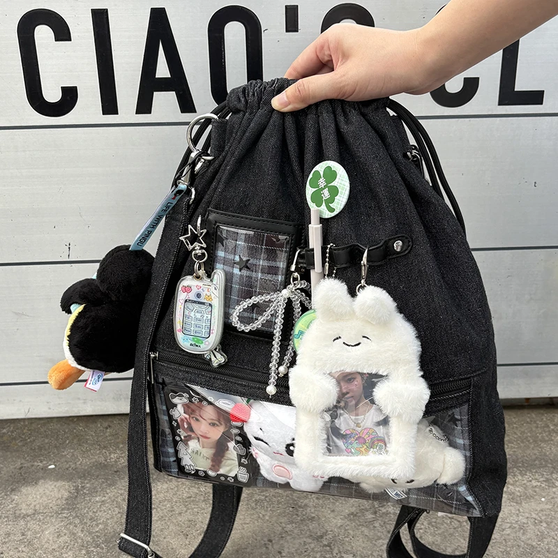 Stars Embroidery Denim Ita Bag with Checkered Lining - Convertible Crossbody/Backpack, Lightweight, Anime/Kpop Fans, Daily Use