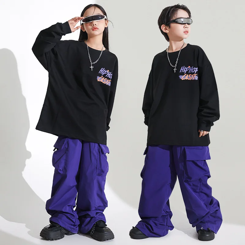 طفل الهيب هوب الملابس السوداء خطابات البلوز الأرجواني جيوب عادية Ruched البضائع السراويل لفتاة صبي الجاز ملابس رقص الملابس #4