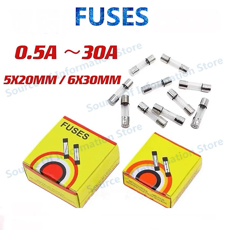 

100Pcs Fast-Blowing Fuses Set 5x20 6x30mm 250V Assorted Amp Ratings 1A-30A Electrical Circuit Breakers for Home Auto Boat