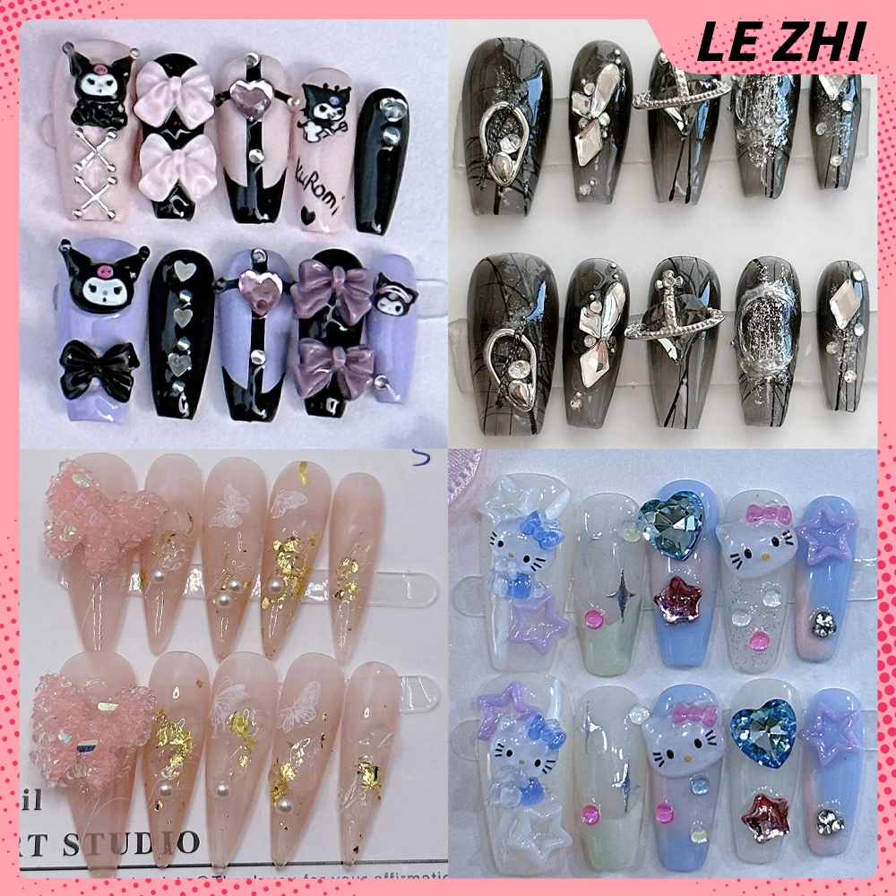 

Kawaii Pure Handmade Sweet Cool Fashion Press on Nails 3D Hello Kitty Kuromi Luxury Detachable Holiday Gift Full Cover Nails