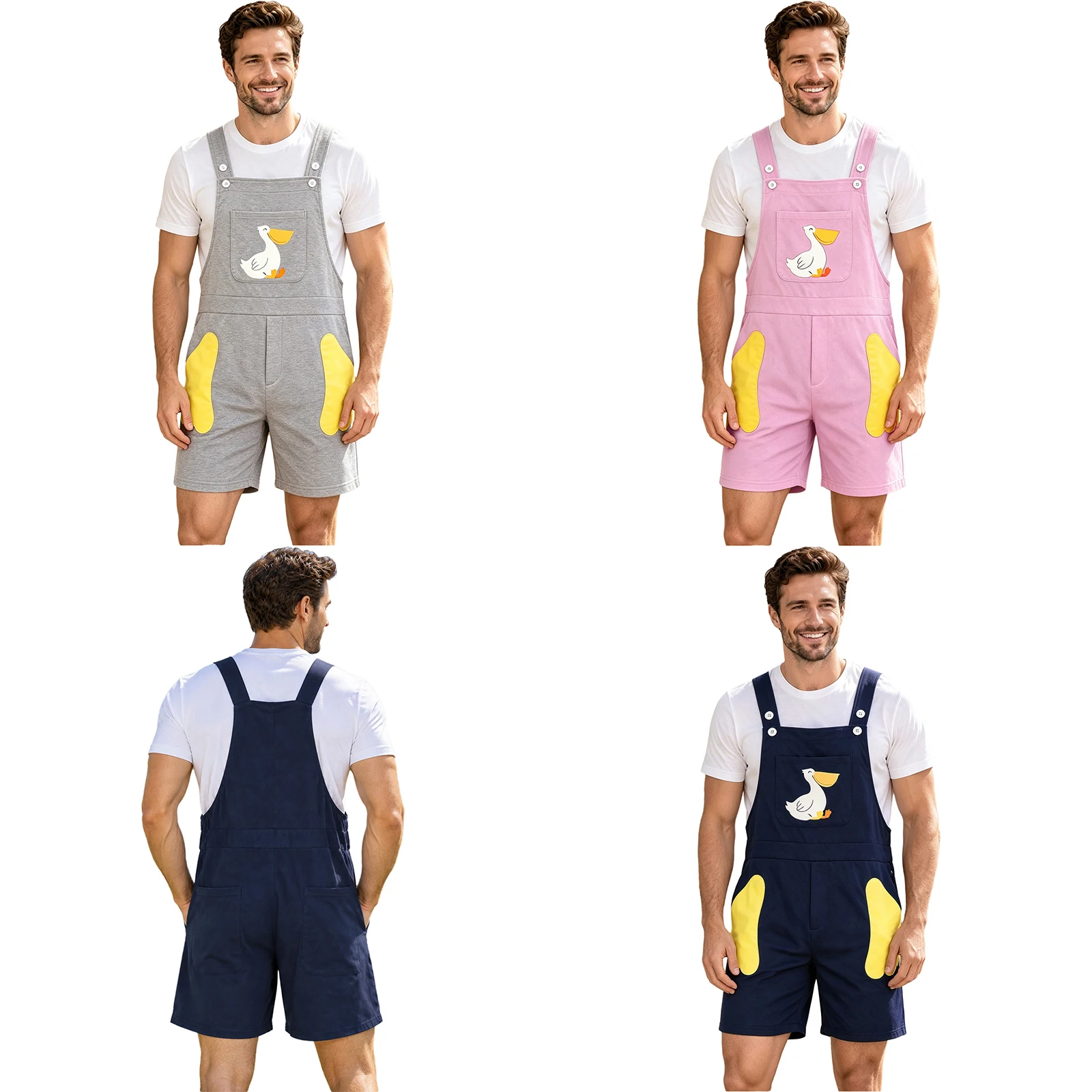 Men Adjustable Straps Duck Print Overalls Bib Shorts with Pockets for Casual Daily Life Party Theme Event Family Gathering