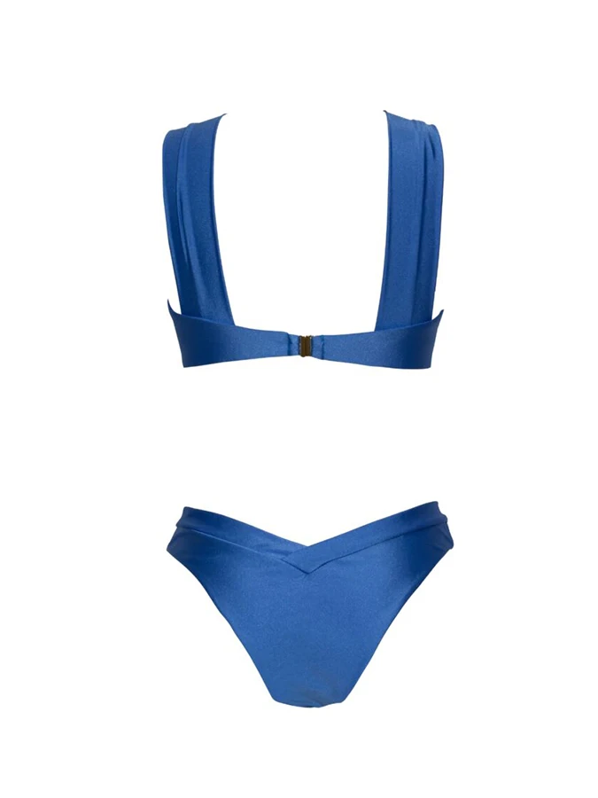 Blue Feminine Sense Beach Vacation Sunshine Bathing Bikini Neck Design Split Waist And Matching Long Drape Color Contrast 2023