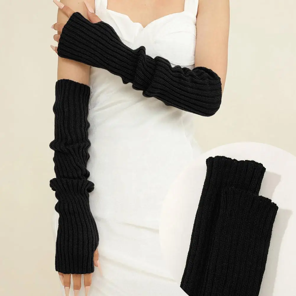 Black Knitted Half Finger Gloves Thickened Solid Color Gloves Half Knitted Autumn Finger Long Sleeves Arm Sleeves Warm Wint I5b5