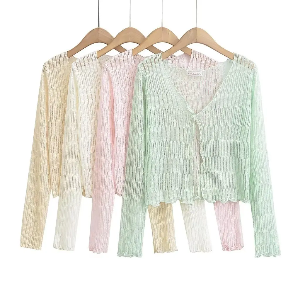 V-neck Ice Silk Knitted Cardigan Hollow Out Thin Crop Top Summer Sun Protection Shawl Women\'s Casual Shirt with Suspender Skirt