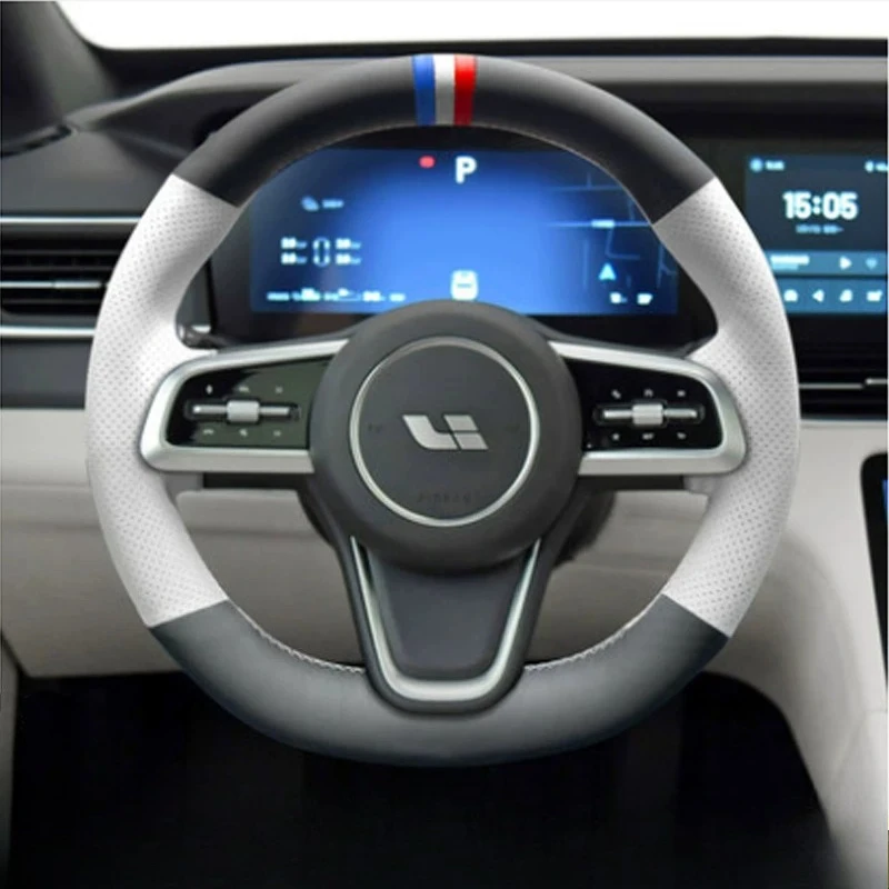 For Ideal L6 L7 L8 L9 MEGA Hand-stitched non-slip Black white Genuine Leather Car Steering Wheel Cover