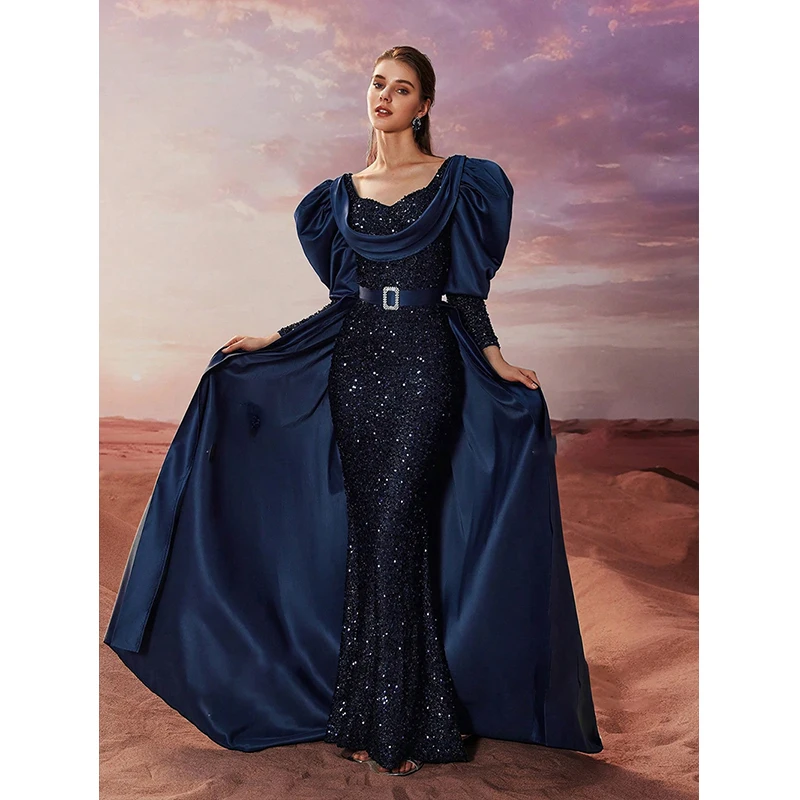 ผู้หญิง Elegant หญิง Vestido De Festa พัฟแขนสีฟ้า Sequined อย่างเป็นทางการค็อกเทลชุดราตรียาว Maxi ชุด