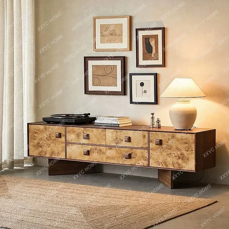 XX Mid-Century Modern Solid Wood TV Cabinet with Burl Veneer Storage for Living Room Small Apartment