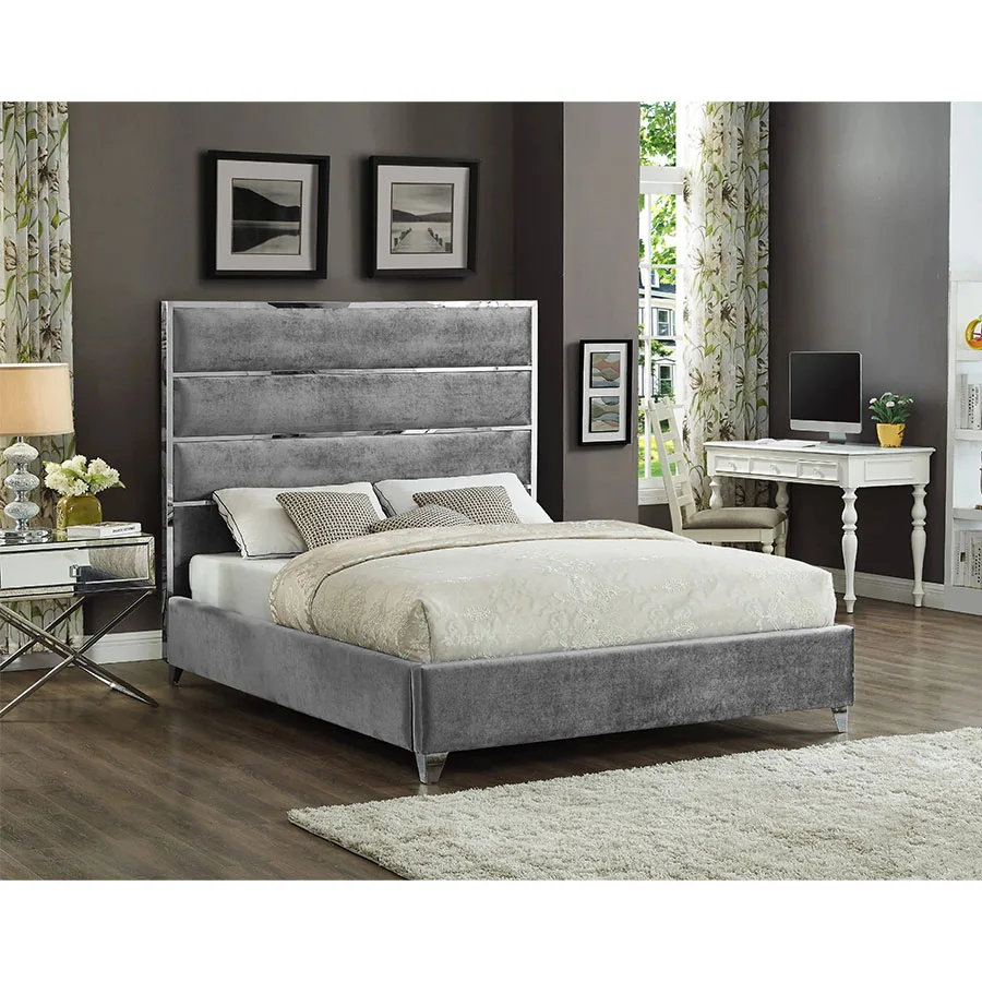 # Latest Bed Design Stainless Steel Headboard Frame Velvet Tufted Hotel Double Queen Bed Frame view 5