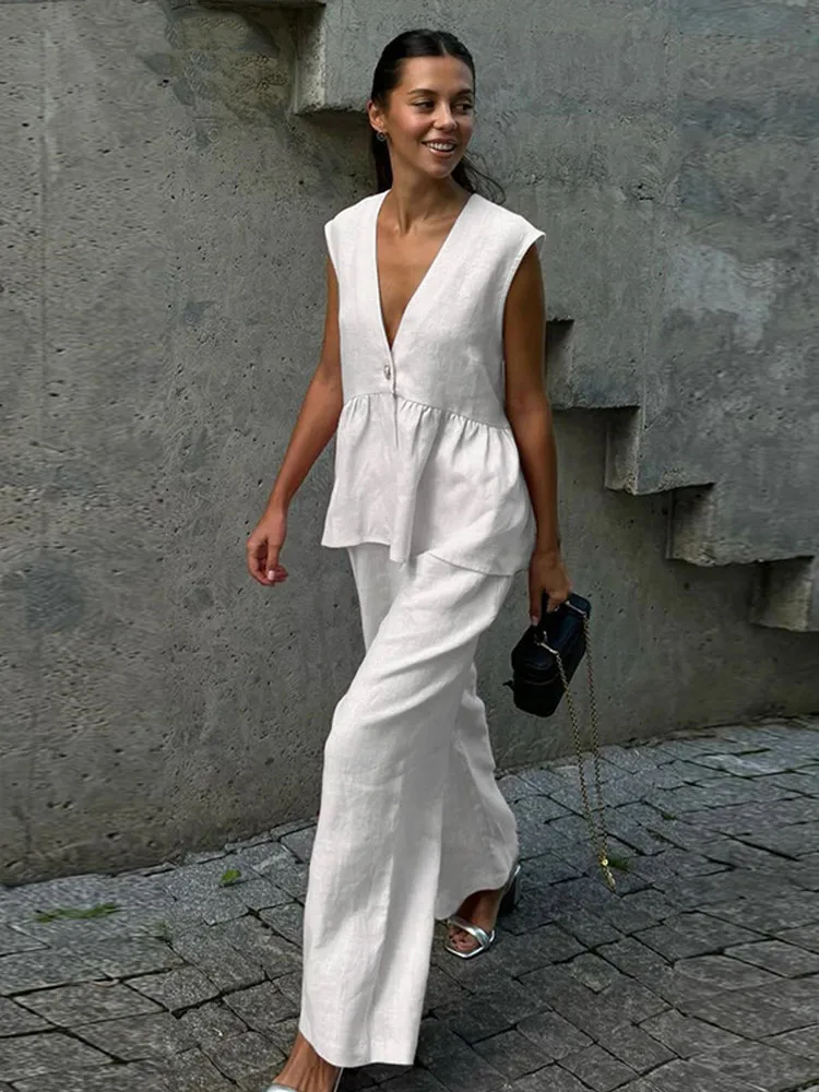 

Ladies Casual Pants Suit Single Buckle Deep V-neckline Sleeveless Vest Elastic Waist Loose Trousers Set Commuting Street Wear