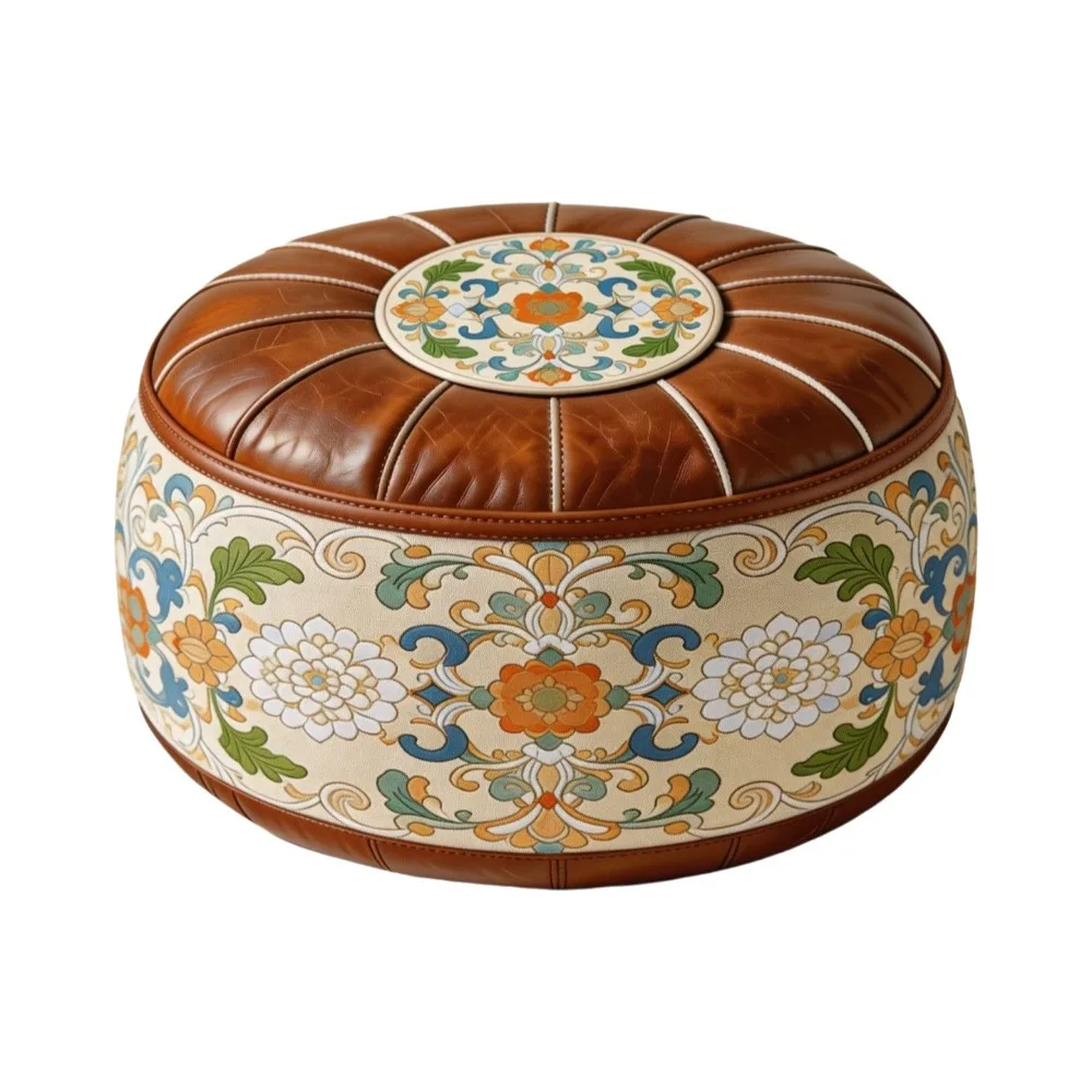 Stylish PU Leather Round Sofa Stool Cover Vintage Space-Saving Storage Leg Bench Waterproof Unfilled Seat Cushion Cover Entryway