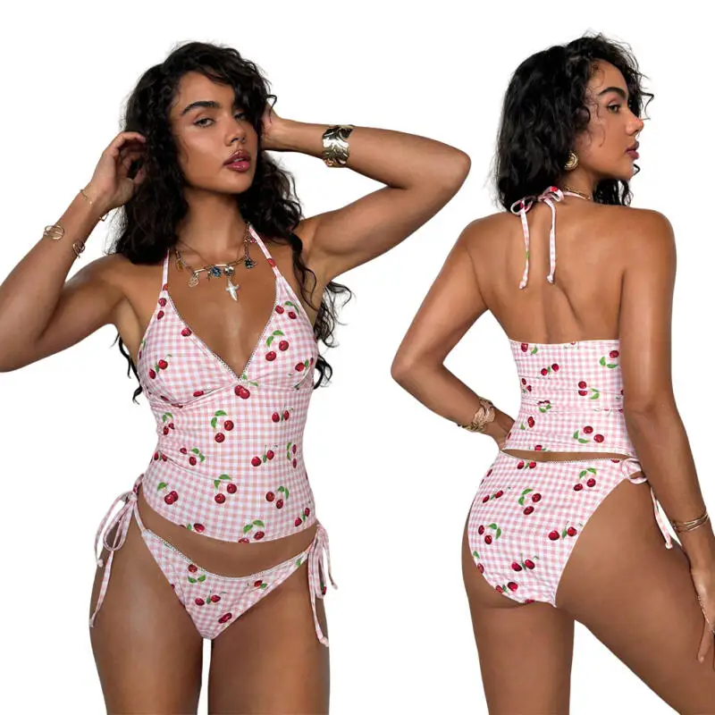 Women Cherry Print Gingham Tankini Swimwear Halter Neck Bikini Set Tie Side Swimsuit Two Piece Beach Bathing Suit Summer Holiday