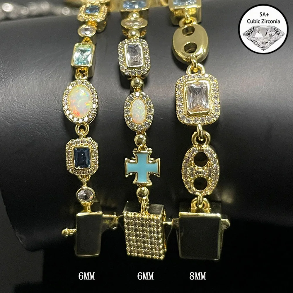 HHIOK Fine 6/8mm Sea Blue/Deep Blue Gemstone Cuban Link Bracelet Ice Out Brass CZ Personalized Hip Hop Jewelry For Men and Women