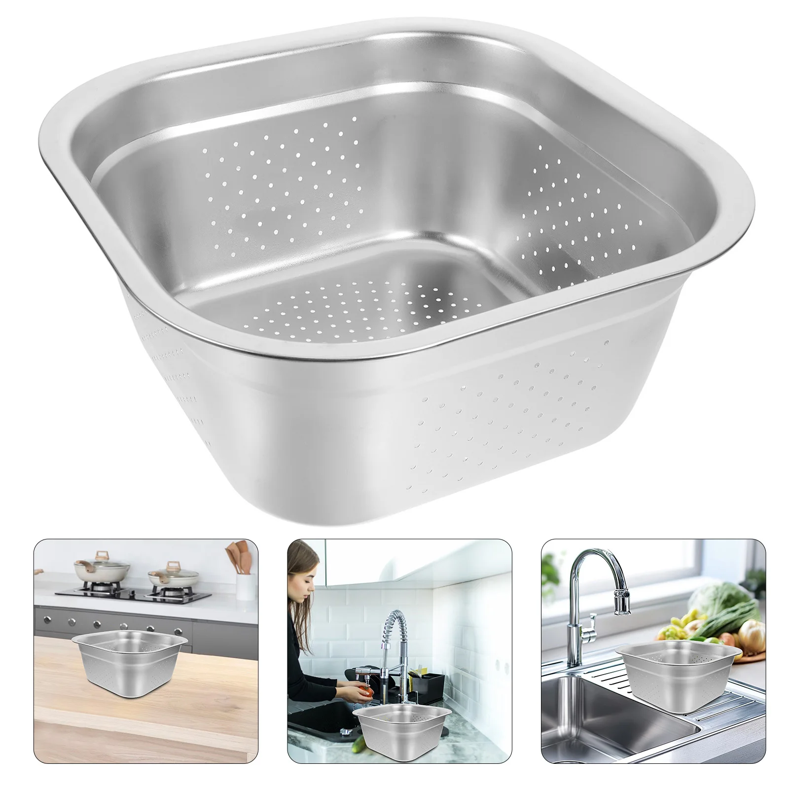 

Stainless Steel Washing Colander Square Vegetable Fruit Basin Large Capacity Drainage Holes Kitchen Gadget Metal Washing