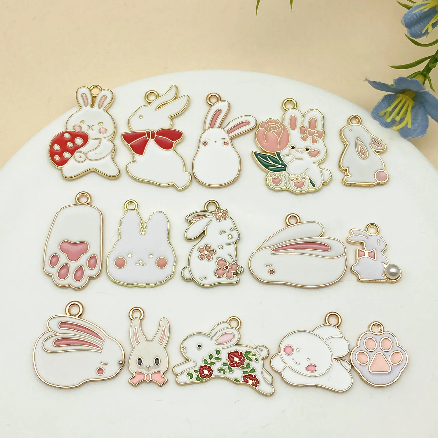 15pcs Easter Mid‑Autumn Rabbit Alloy Charms,Dripping Oil Bunny Animal Pendants For DIY Earring Bracelet Necklace Jewelry Making