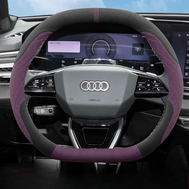 

Suede Leather Car Steering Wheel Cover for Audi A1 A3 A5 S3 Rs3 Q5 A6 Q4 Etron 2025 2026 Accessories