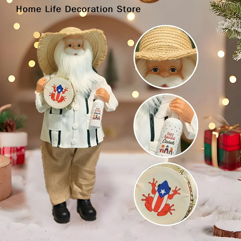 1/2pcs Puerto Rican Style Santa Claus Figurine, 11-Inch Christmas Puerto Rico Santa Claus Figure Decor With Straw Hat, Guayabera