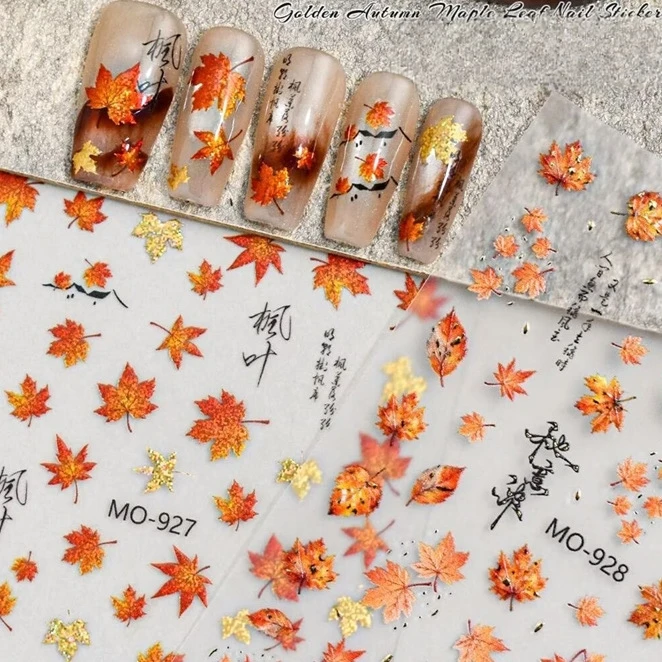 2 Sheets Autumn Maple Leaf Nail Stickers 3D Embossed Chinese Style Red Gold Hot Stamping Self‑Adhesive Nail Art Decals