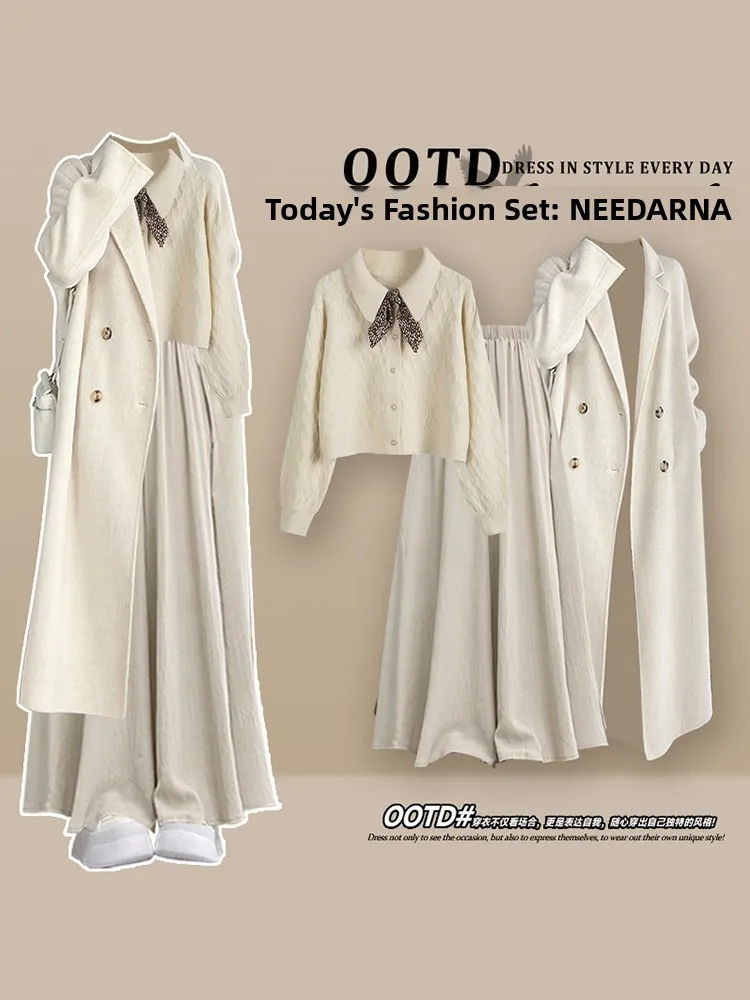 Automne grande taille femmes Yadan Sle tricoté Dr Ensemble avec manteau et pull jupe à carreaux t-shirt pièce Ensemble