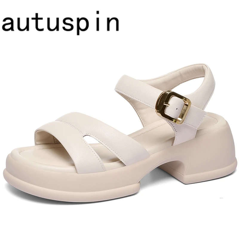 AUTUSPIN 5.5cm Fashion Sandals for Women Summer Genuine Leather Ladies Shoes Rome Platform Chunky Heels Woman Leisure Outdoor