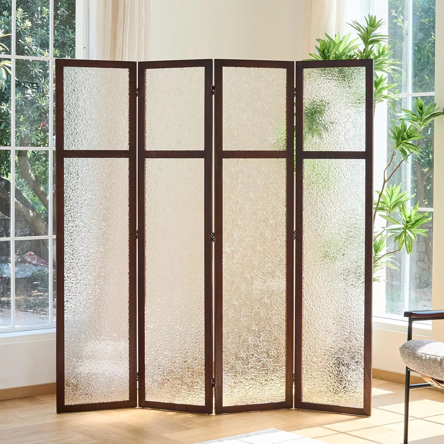 Acrylic 4-Panel Room Divider Frosted Translucent Privacy Screen Lightweight Modern Home Office Studio Partition Walnut, Customiz