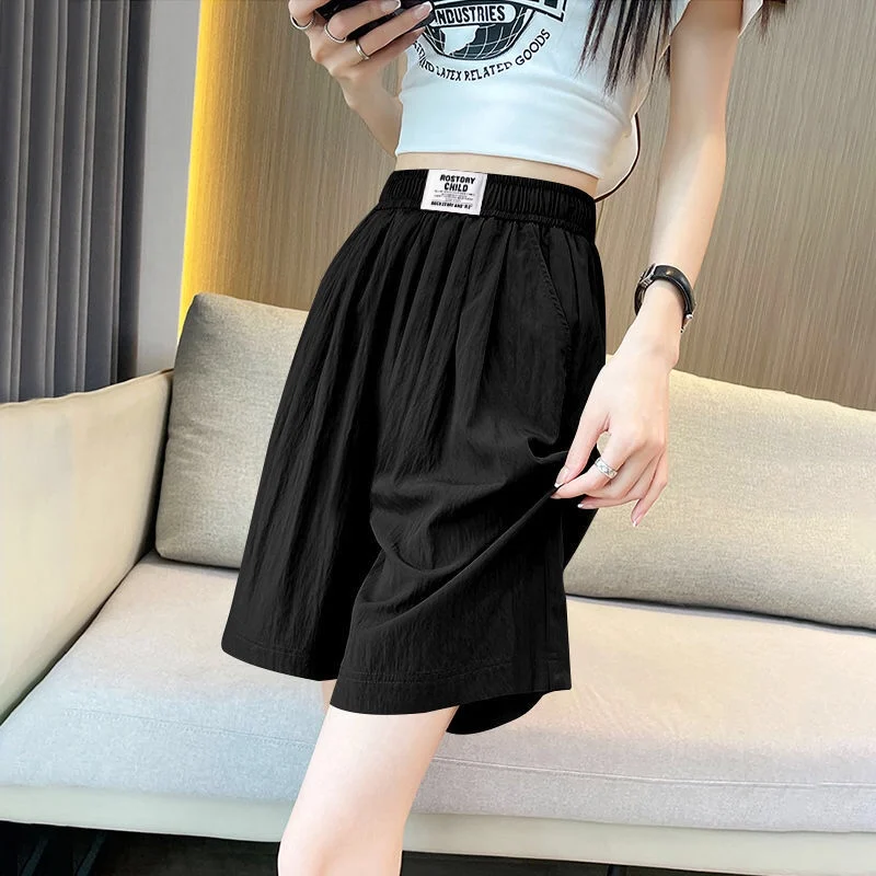 

Ледяной шелк Sembach, тонкие брюки с высокой талией, пять четвертей, женские летние свободные повседневные брюки из мяса, скрывающие широкие брюки