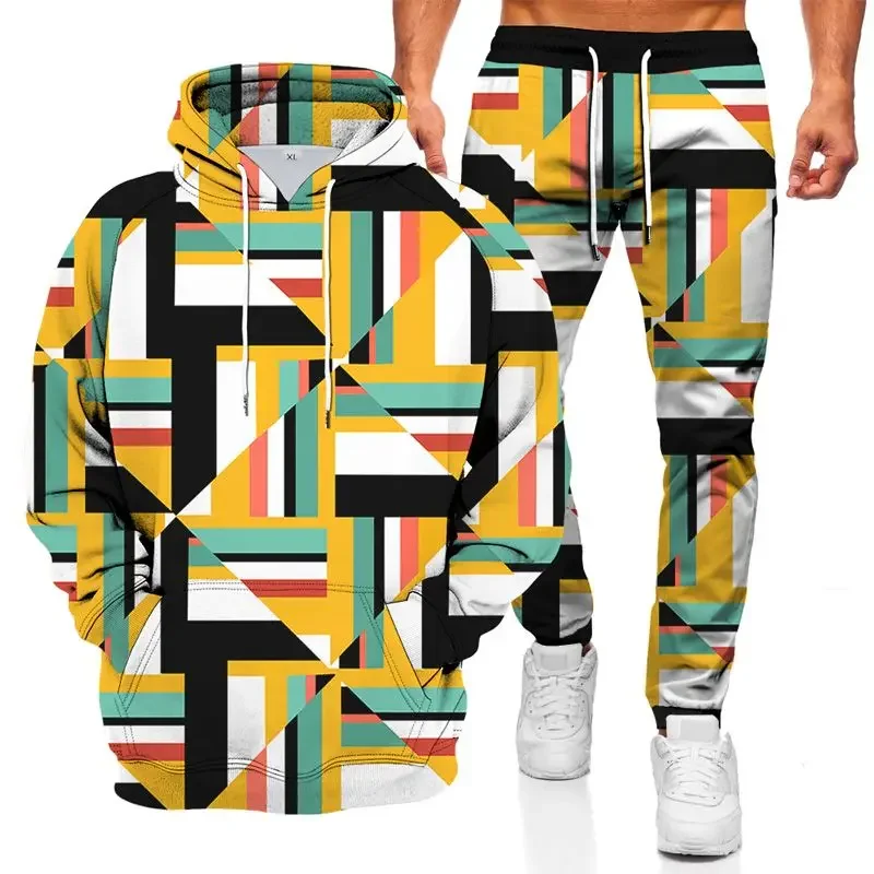 Men\'s Hoodie Sets Fashionable Hoodie Suit 3D Geometric Graphic Printed Comfortable Casual Oversize Loose Long Sleeve Pants