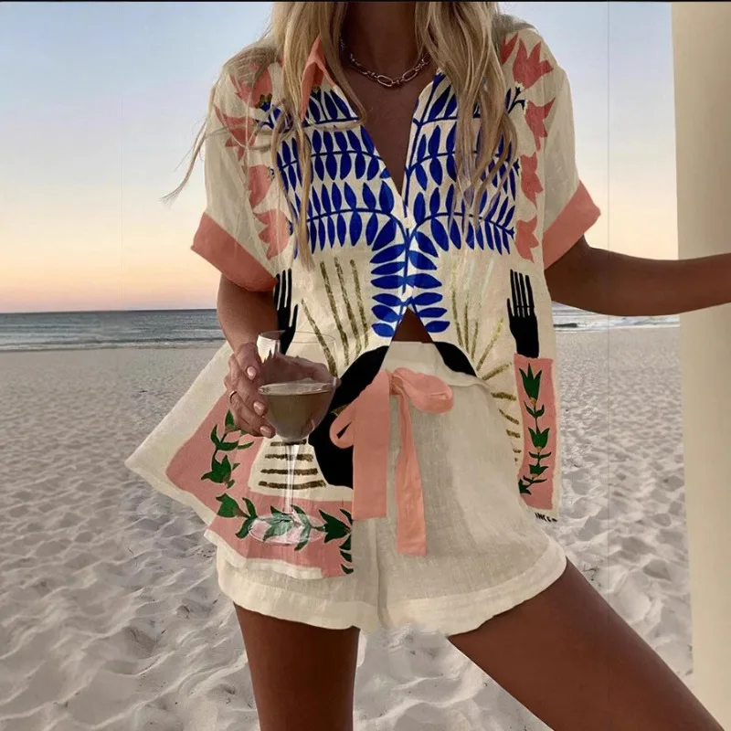 

2025 New Summer Vacation Shorts set 3D Printed Seaside Tropical Casual Lapel Shirt Blouse Top Shorts 2-Piece Suits Beach Holiday