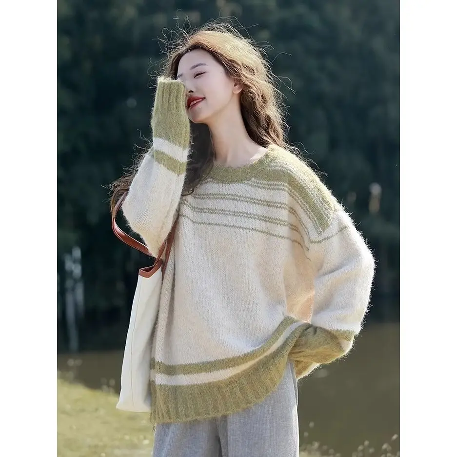 Forest Style Instagram Style Small Fresh Soft Girl Loose Lazy Contrasting Striped Sweater Women's New Warm Knit Sweater