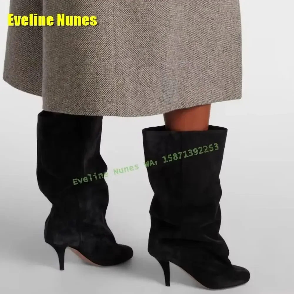 

Черные плиссированные ботинки с напуском и круглым носком на тонком каблуке, однотонные, большого размера, индивидуальный цвет, женские ботинки до середины икры в стиле ретро, уличный стиль